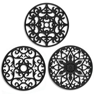 silicone trivet me.fan 3 set silicone trivet mat - multi-use intricately carved insulated flexible durable non slip coasters (black)