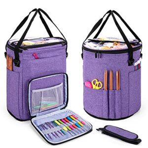 teamoy knitting tote bag, yarn storage crochet bag organizer for knitting needles, yarn, unfinished projects, crochet hooks, and other supplies, purple