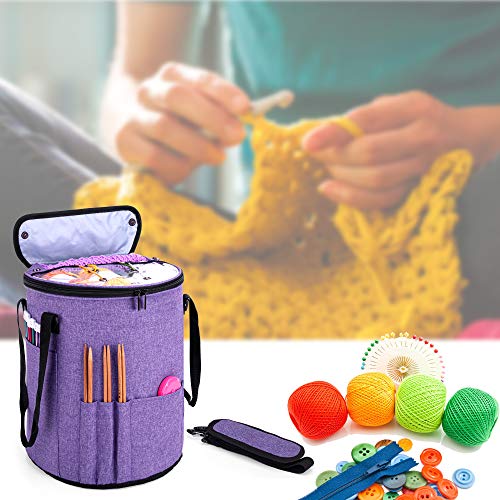 Teamoy Knitting Tote Bag, Yarn Storage Crochet Bag Organizer for Knitting Needles, Yarn, Unfinished Projects, Crochet Hooks, and Other Supplies, Purple