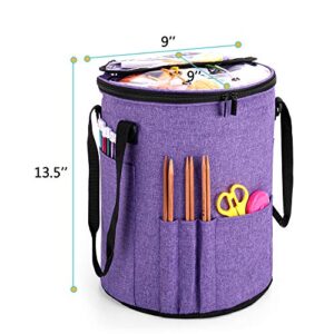 Teamoy Knitting Tote Bag, Yarn Storage Crochet Bag Organizer for Knitting Needles, Yarn, Unfinished Projects, Crochet Hooks, and Other Supplies, Purple