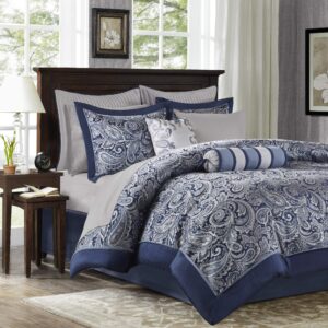 Madison Park Aubrey Cozy Comforter Set, Faux Silk Jacquard Paisley Design - All Season Down Alternative Bedding Layer with Bedskirt, Decorative Pillow, Queen, Navy 12 Piece