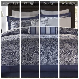 Madison Park Aubrey Cozy Comforter Set, Faux Silk Jacquard Paisley Design - All Season Down Alternative Bedding Layer with Bedskirt, Decorative Pillow, Queen, Navy 12 Piece