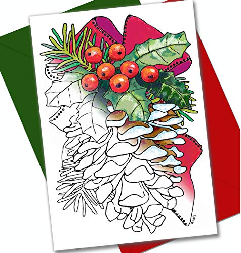 Art Eclect Christmas Coloring Cards for Adults, 12 Cards with 12 Unique Designs, 6 Red and 6 Green Envelopes Included (Christmas B1)