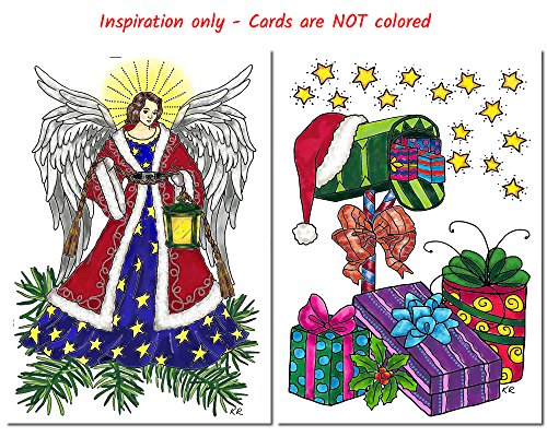 Art Eclect Christmas Coloring Cards for Adults, 12 Cards with 12 Unique Designs, 6 Red and 6 Green Envelopes Included (Christmas B1)