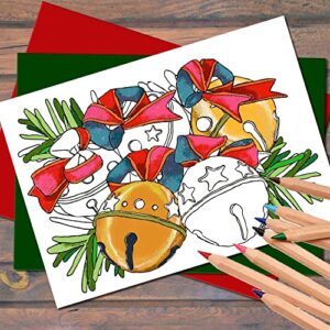 Art Eclect Christmas Coloring Cards for Adults, 12 Cards with 12 Unique Designs, 6 Red and 6 Green Envelopes Included (Christmas B1)