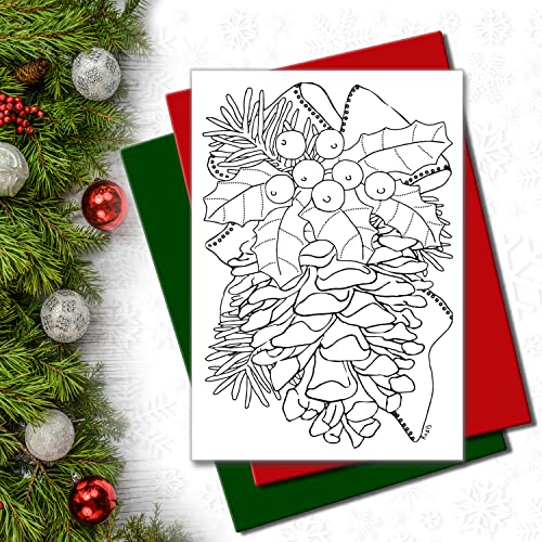 Art Eclect Christmas Coloring Cards for Adults, 12 Cards with 12 Unique Designs, 6 Red and 6 Green Envelopes Included (Christmas B1)