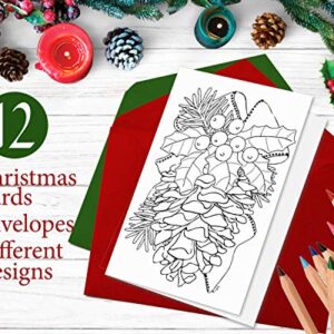 Art Eclect Christmas Coloring Cards for Adults, 12 Cards with 12 Unique Designs, 6 Red and 6 Green Envelopes Included (Christmas B1)