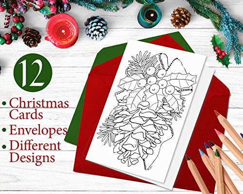 Art Eclect Christmas Coloring Cards for Adults, 12 Cards with 12 Unique Designs, 6 Red and 6 Green Envelopes Included (Christmas B1)