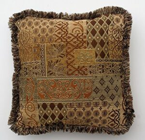 brown and gold modern transitional decorative throw pillow with fringe (14x19, brown)