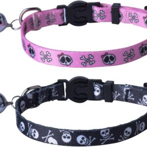 PUPTECK Breakaway Cat Collar with Bell Charm, 2 Packs Adjustable Kitty Collars Pink & Black Skull Pattern