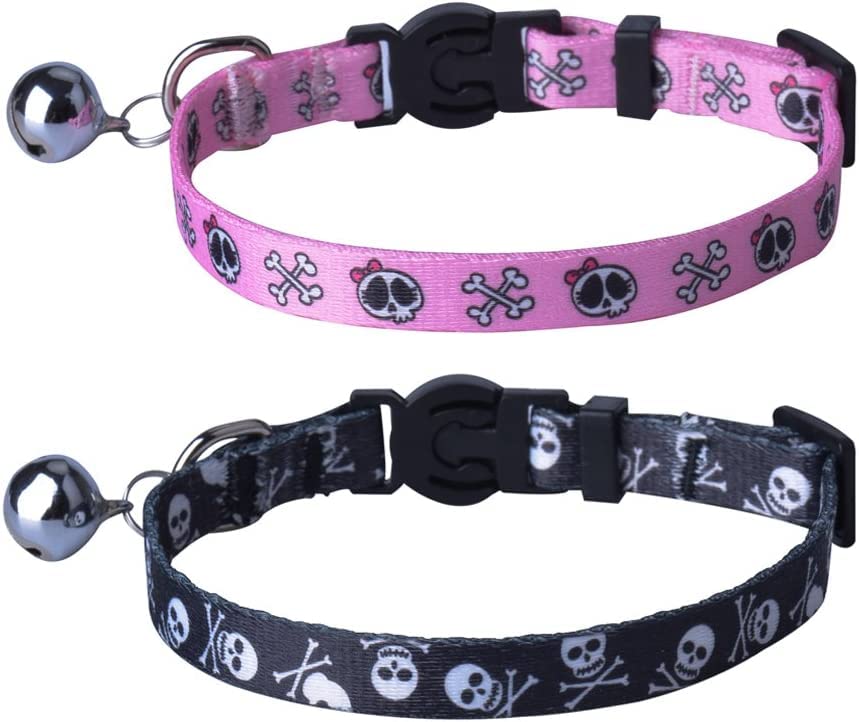 PUPTECK Breakaway Cat Collar with Bell Charm, 2 Packs Adjustable Kitty Collars Pink & Black Skull Pattern