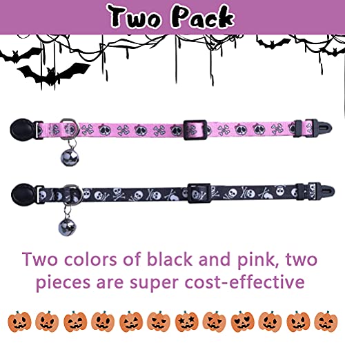 PUPTECK Breakaway Cat Collar with Bell Charm, 2 Packs Adjustable Kitty Collars Pink & Black Skull Pattern