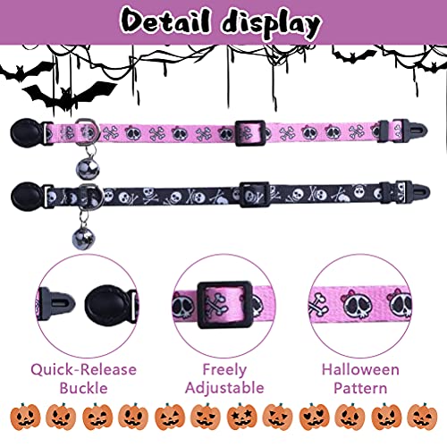 PUPTECK Breakaway Cat Collar with Bell Charm, 2 Packs Adjustable Kitty Collars Pink & Black Skull Pattern