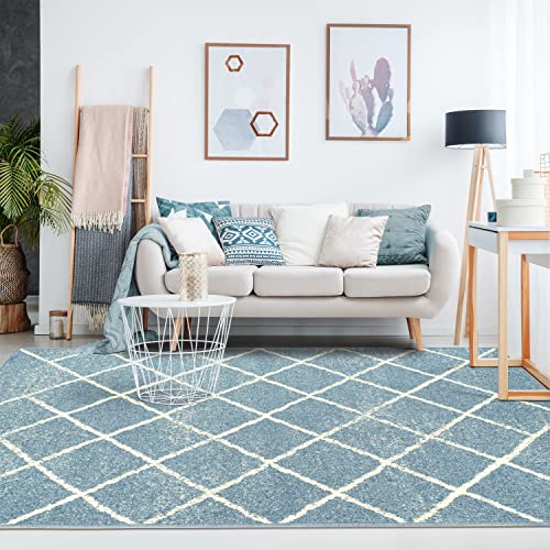 Superior Lattice Collection Area Rug, 6mm Pile Height with Jute Backing, Affordable and Contemporary Rugs, Modern Geometric Windowpane Pattern - 8' x 10' Rug, Blue