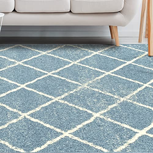 Superior Lattice Collection Area Rug, 6mm Pile Height with Jute Backing, Affordable and Contemporary Rugs, Modern Geometric Windowpane Pattern - 8' x 10' Rug, Blue