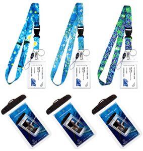 3-pk waterproof phone pouch phone dry bag case for iphone 13 12 11 pro max xs max samsung galaxy s10 google up to 7.0". cruise lanyard & waterproof id key card holder clip. van gogh collection