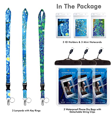 3-PK Waterproof Phone Pouch Phone Dry Bag Case for iPhone 13 12 11 Pro Max XS Max Samsung Galaxy s10 Google Up to 7.0". Cruise Lanyard & Waterproof ID Key Card Holder Clip. Van Gogh Collection