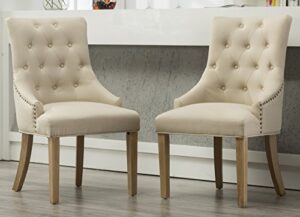 roundhill furniture button tufted solid wood wingback hostess chairs with nail heads, set of 2, tan