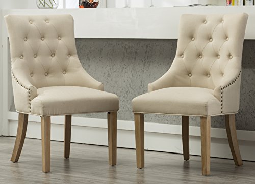 Roundhill Furniture Button Tufted Solid Wood Wingback Hostess Chairs with Nail Heads, Set of 2, Tan