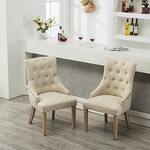 Roundhill Furniture Button Tufted Solid Wood Wingback Hostess Chairs with Nail Heads, Set of 2, Tan