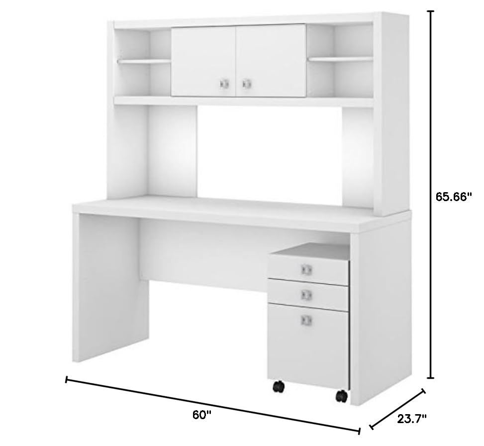 Bush Business Furniture Echo Credenza Desk with Hutch and Mobile File Cabinet, Pure White