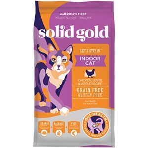 solid gold indoor dry cat food - let's stay in cat food dry kibble for indoor cats - hairball & sensitive stomach - grain & gluten free - probiotics & fiber for digestive health - chicken - 6lb
