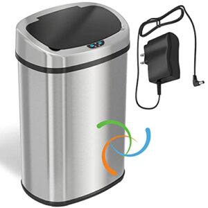 sensorcan 13 gallon battery-free automatic sensor kitchen trash can with power adapter, oval shape stainless steel garbage bin with ac plug