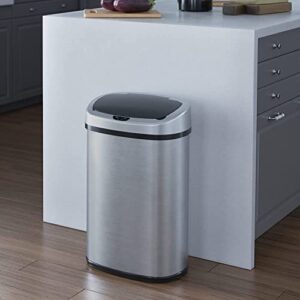 SensorCan 13 Gallon Battery-FREE Automatic Sensor Kitchen Trash Can with Power Adapter, Oval Shape Stainless Steel Garbage Bin with AC Plug