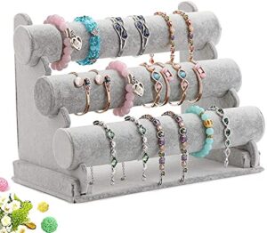 wudygirl triple bracelet holder jewelry display stand watch bangle bar necklace storage organizer gray (ice velvet 3 tier)
