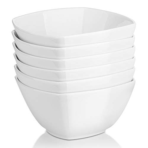 DOWAN Square Salad Bowls Set of 6-27 Oz Porcelain Cereal Bowls, White Serving Bowl Set for Soup Ice Cream Dessert, Bowls for Kitchen, Chip Resistant, Dishwasher & Microwave Safe, Fathers Day Gift