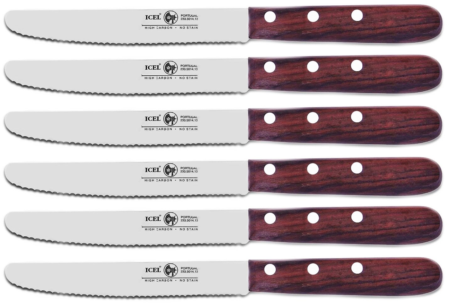 Icel Serrated Steak Knife Set, 4-3/4-inch Rounded Edge High Carbon Stainless Steel Blade, Rosewood Handle. 6-Set. (6)