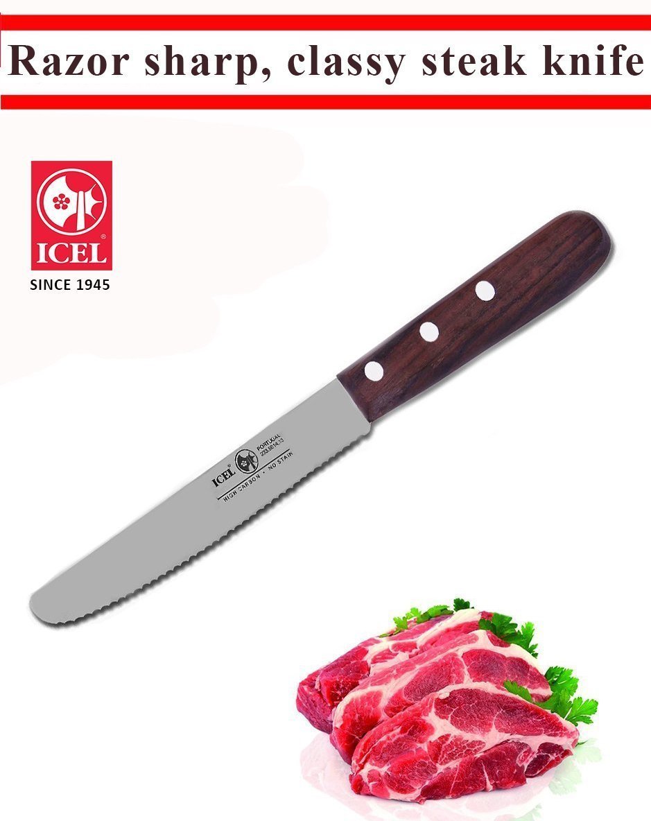 Icel Serrated Steak Knife Set, 4-3/4-inch Rounded Edge High Carbon Stainless Steel Blade, Rosewood Handle. 6-Set. (6)