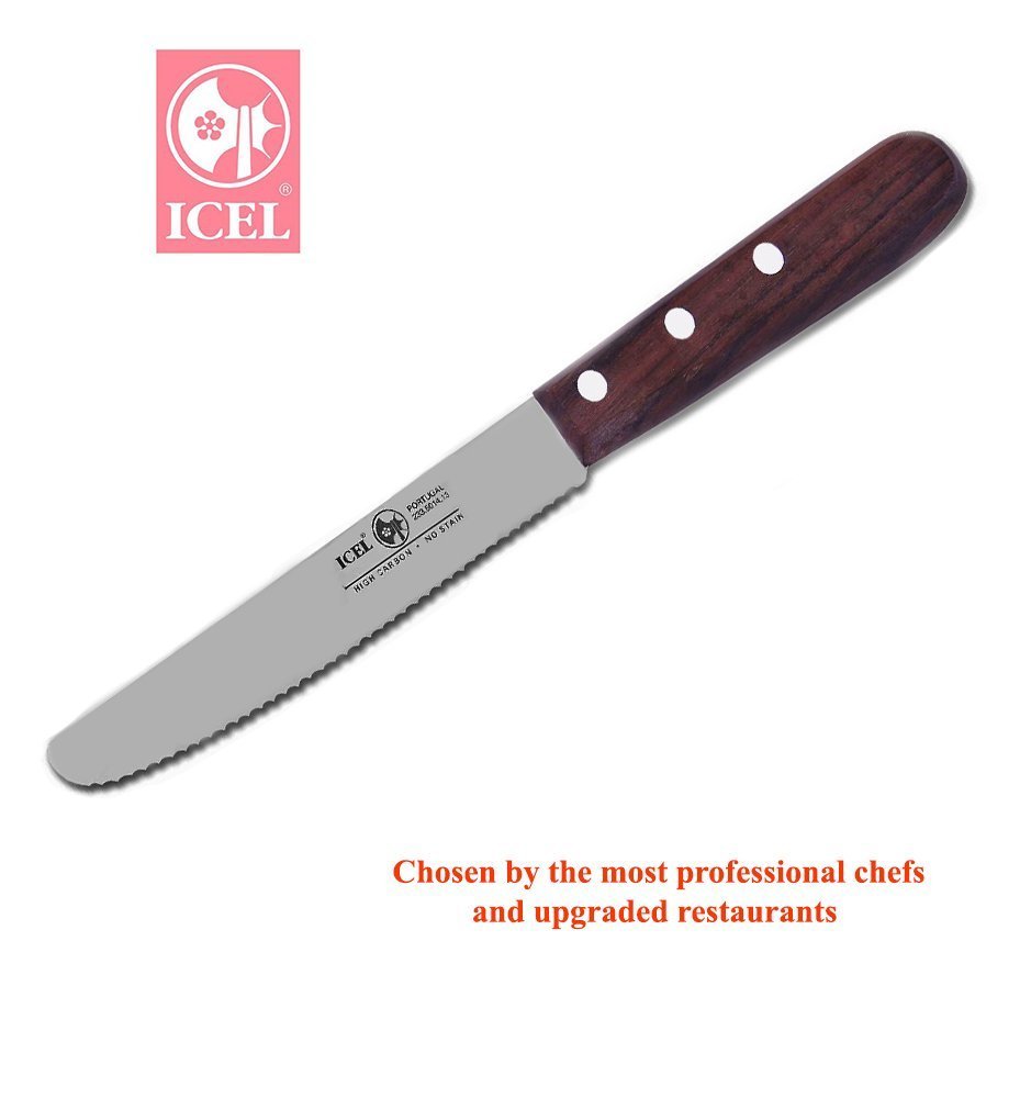 Icel Serrated Steak Knife Set, 4-3/4-inch Rounded Edge High Carbon Stainless Steel Blade, Rosewood Handle. 6-Set. (6)