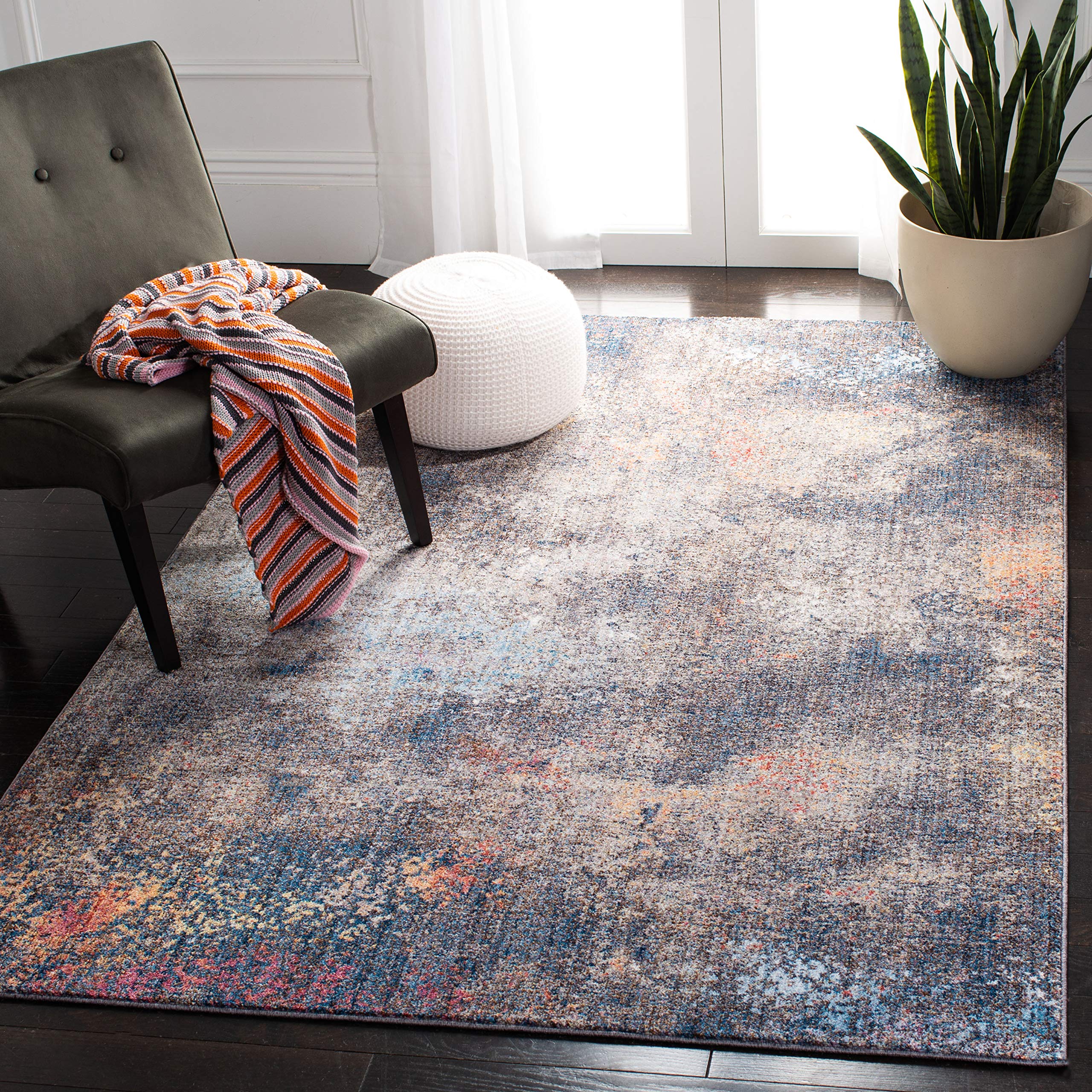 SAFAVIEH Monray Collection Accent Rug - 3' x 5', Blue & Multi, Modern Abstract Distressed Design, Non-Shedding & Easy Care, Ideal for High Traffic Areas in Entryway, Living Room, Bedroom (MNY651E)