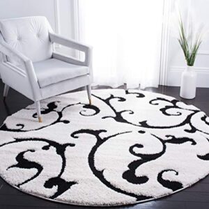 safavieh florida shag collection area rug - 6'7" round, ivory & black, scroll design, non-shedding & easy care, 1.2-inch thick ideal for high traffic areas in living room, bedroom (sg476-1290)