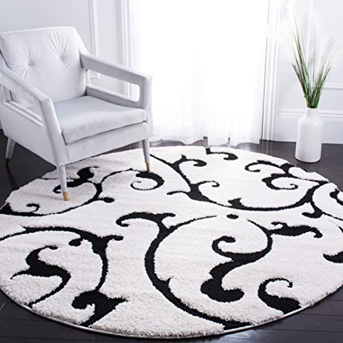 SAFAVIEH Florida Shag Collection Area Rug - 6'7" Round, Ivory & Black, Scroll Design, Non-Shedding & Easy Care, 1.2-inch Thick Ideal for High Traffic Areas in Living Room, Bedroom (SG476-1290)