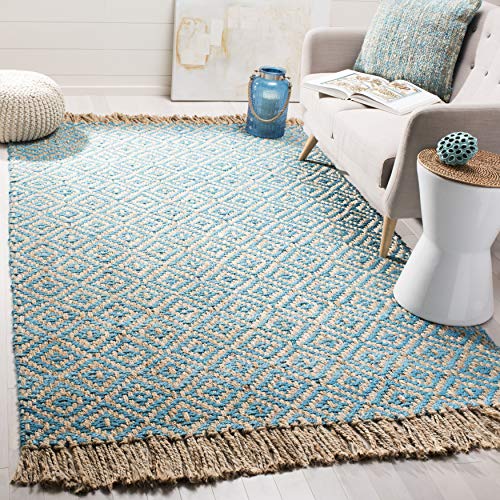 SAFAVIEH Natural Fiber Collection Area Rug - 5' x 8', Turquoise & Natural, Handmade Boho Diamond Tassel Jute, Ideal for High Traffic Areas in Living Room, Bedroom (NF266C)