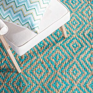 SAFAVIEH Natural Fiber Collection Area Rug - 5' x 8', Turquoise & Natural, Handmade Boho Diamond Tassel Jute, Ideal for High Traffic Areas in Living Room, Bedroom (NF266C)