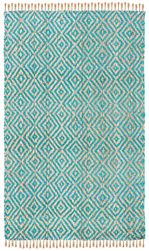 SAFAVIEH Natural Fiber Collection Area Rug - 5' x 8', Turquoise & Natural, Handmade Boho Diamond Tassel Jute, Ideal for High Traffic Areas in Living Room, Bedroom (NF266C)