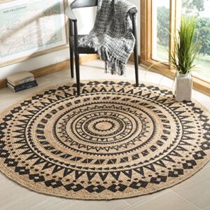 safavieh natural fiber collection area rug - 4' round, black & natural, handmade boho mandala braided jute, ideal for high traffic areas in living room, bedroom (nf802k)