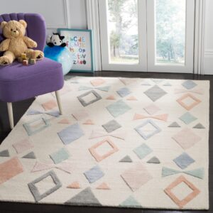 safavieh kids collection area rug - 5' x 7', ivory & multi, handmade geometric wool, ideal for high traffic areas in living room, bedroom (sfk901a)