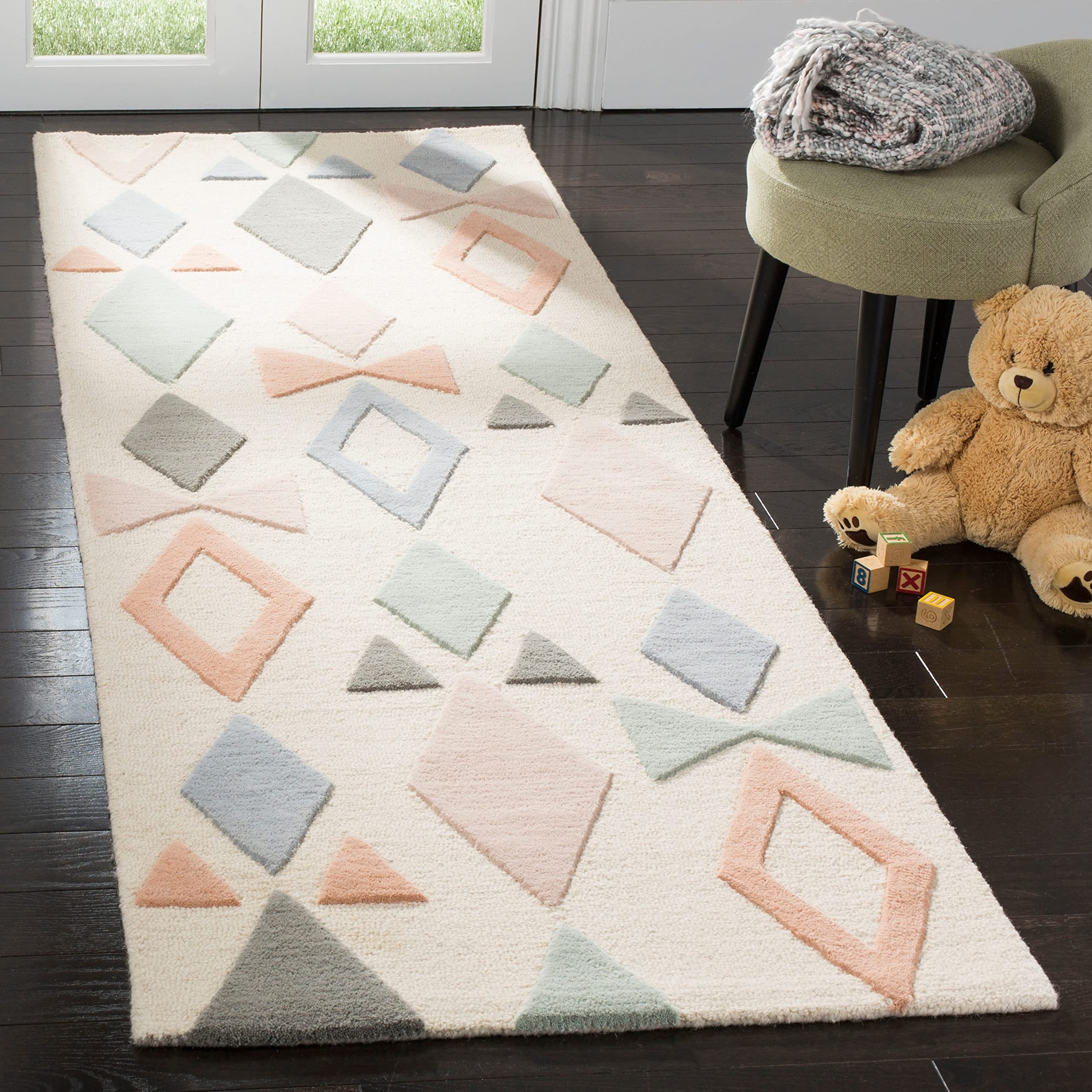 SAFAVIEH Kids Collection Area Rug - 5' x 7', Ivory & Multi, Handmade Geometric Wool, Ideal for High Traffic Areas in Living Room, Bedroom (SFK901A)