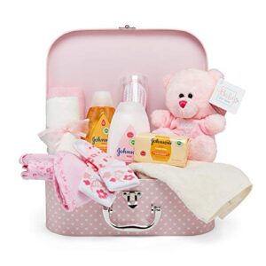 newborn gift set for baby girl – pink keepsake box with baby clothes, teddy bear and newborn essentials - welcome baby basket for parents makes a unique shower gift