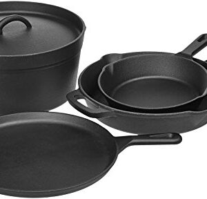 Amazon Basics Pre-Seasoned Cast Iron 5-Piece Kitchen Cookware Set, Pots and Pans, Black, 14.17 x 12.2 x 10.63 in