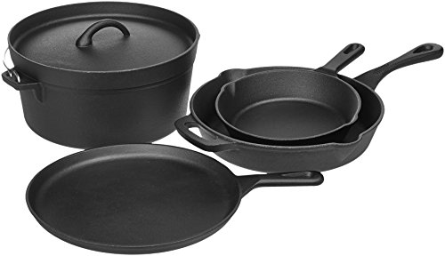 Amazon Basics Pre-Seasoned Cast Iron 5-Piece Kitchen Cookware Set, Pots and Pans, Black, 14.17 x 12.2 x 10.63 in