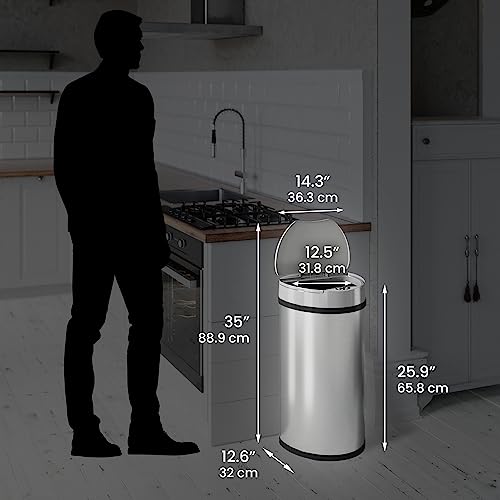 iTouchless 13 Gallon Semi-Round Extra-Wide Opening Sensor Touchless Trash Can with AC Adapter and Odor Control System, Stainless Steel Silver Garbage Bin