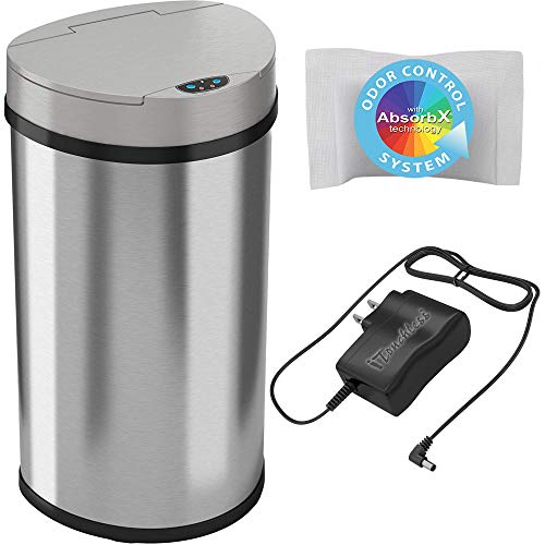 iTouchless 13 Gallon Semi-Round Extra-Wide Opening Sensor Touchless Trash Can with AC Adapter and Odor Control System, Stainless Steel Silver Garbage Bin