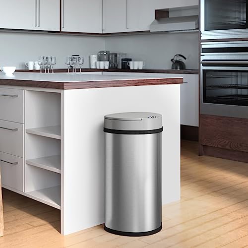 iTouchless 13 Gallon Semi-Round Extra-Wide Opening Sensor Touchless Trash Can with AC Adapter and Odor Control System, Stainless Steel Silver Garbage Bin