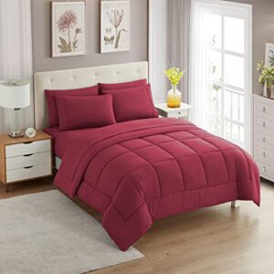 sweet home collection 7 piece comforter set bag solid color all season soft down alternative blanket & luxurious microfiber bed sheets, burgundy, queen
