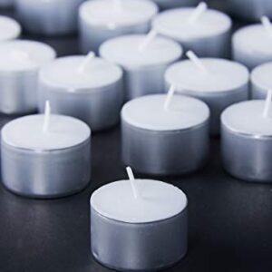 TAG Unscented Metal Cup Tea Light Candles 50 Pack Burn Time 8hr for Home Decor Decoration Parties Wedding Events Outdoor Indoor White